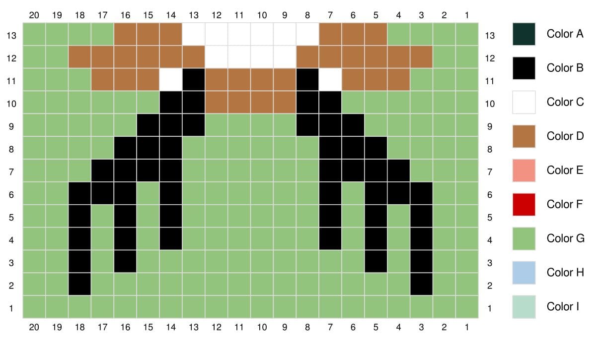 Pixel art knitting chart showing a stylized deer face, perfect for a crochet pattern or Vixen's Vibe crochet cowl. The chart uses green for the background, black for antlers and eyes, brown for the head and ears, with white eye highlights. Numbered grid included. -Marly Bird