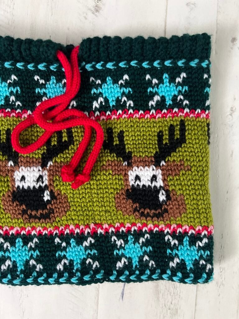 Tunisian crochet swatch with reindeer faces, snowflakes, red drawstring; textured colorwork on green, black, and white.