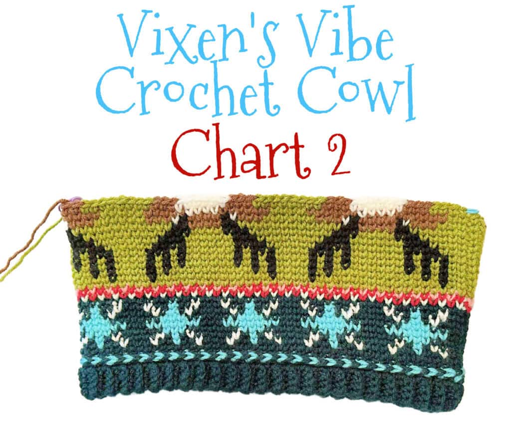 A colorful crochet cowl featuring reindeer and snowflake patterns, labeled "Vixen's Vibe Crochet Cowl Chart 2" in blue and red text above the cowl. Perfect for those seeking a festive crochet pattern. -Marly Bird
