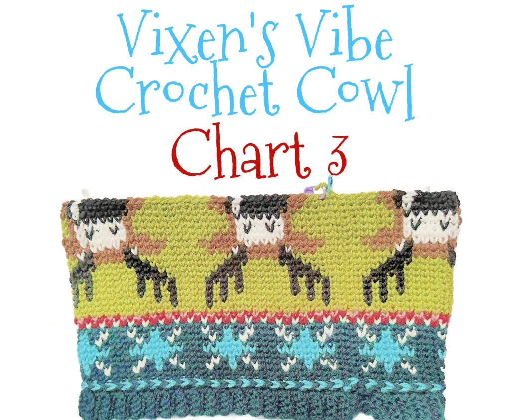 A colorful crocheted cowl featuring deer and geometric designs is displayed below the text “Vixen’s Vibe Crochet Cowl Chart 3” in bold blue and red letters. This unique crochet cowl brings the spirit of Vixen’s Vibe to life. -Marly Bird