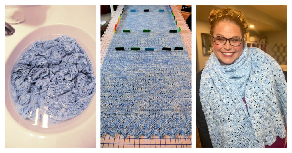 Blue lace knitting soaking in a sink, pinned on a table to block, then worn as a finished scarf by a woman with glasses.