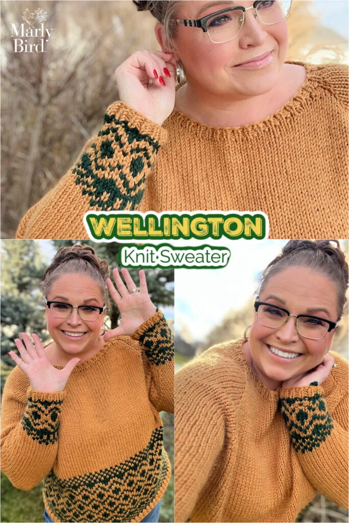 Mustard knit sweater with green stranded colorwork cuffs and hem, modeled outdoors; labeled "WELLINGTON Knit Sweater.