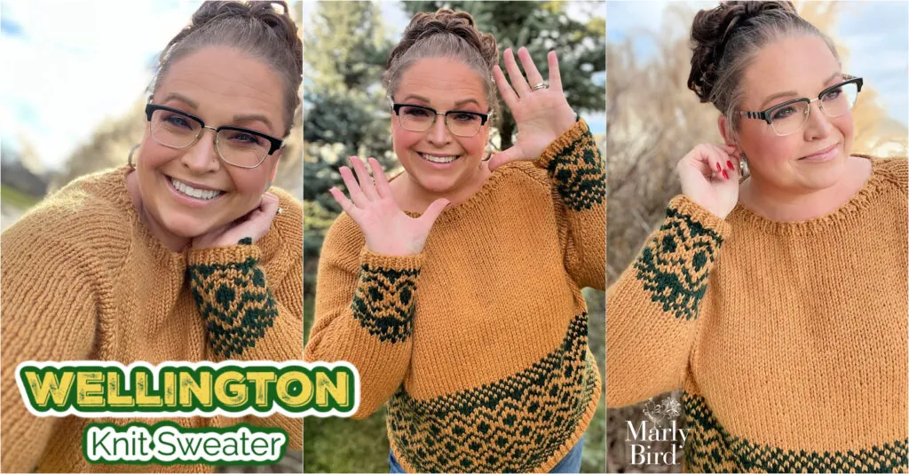 Woman models a mustard yellow knit sweater with green colorwork, showing stitch detail outdoors among trees and grass.