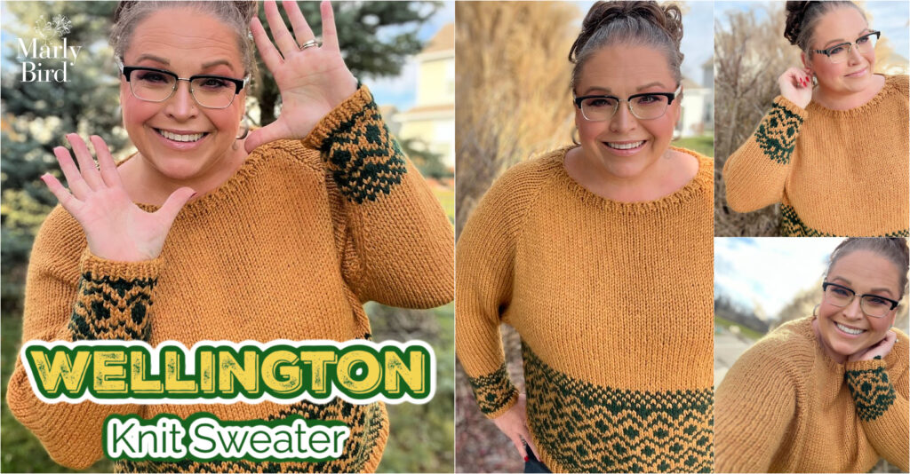Woman wears a mustard yellow knit sweater with green geometric stranded colorwork; project: Wellington Sweater. Trees behind her.