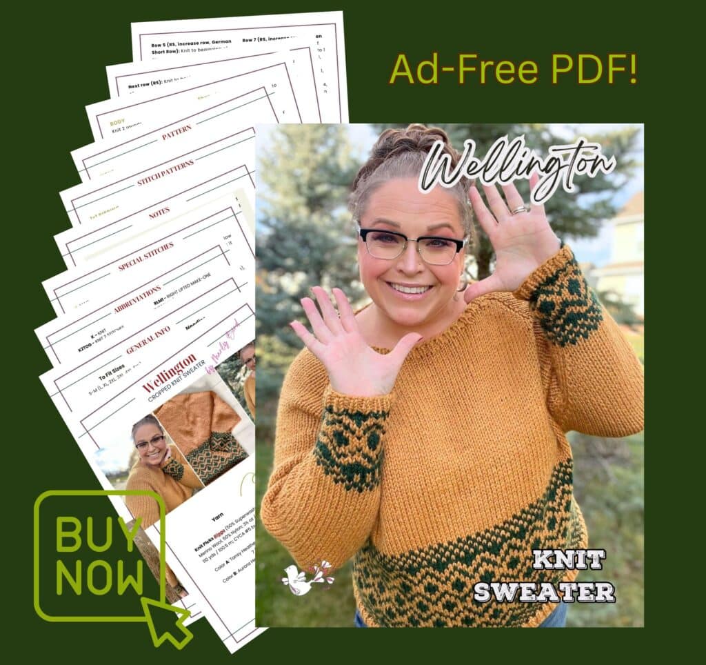 Woman models yellow knit sweater with green patterns, textured stitches visible; labeled as Wellington Knit Sweater.