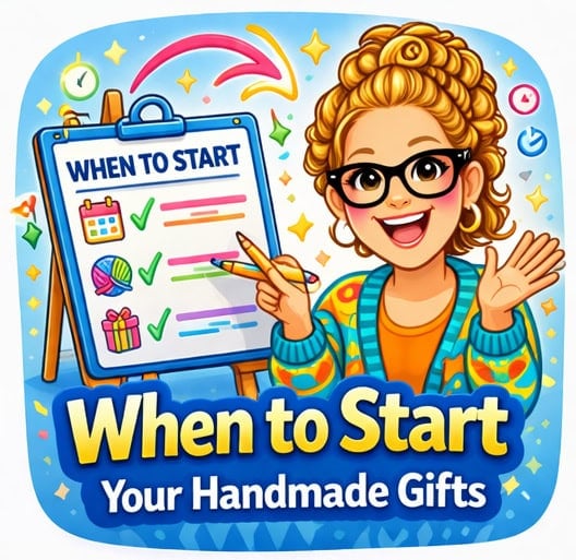 Woman with glasses holds a pencil beside a "When to Start" checklist featuring yarn, gift, and calendar icons for crafting gifts.