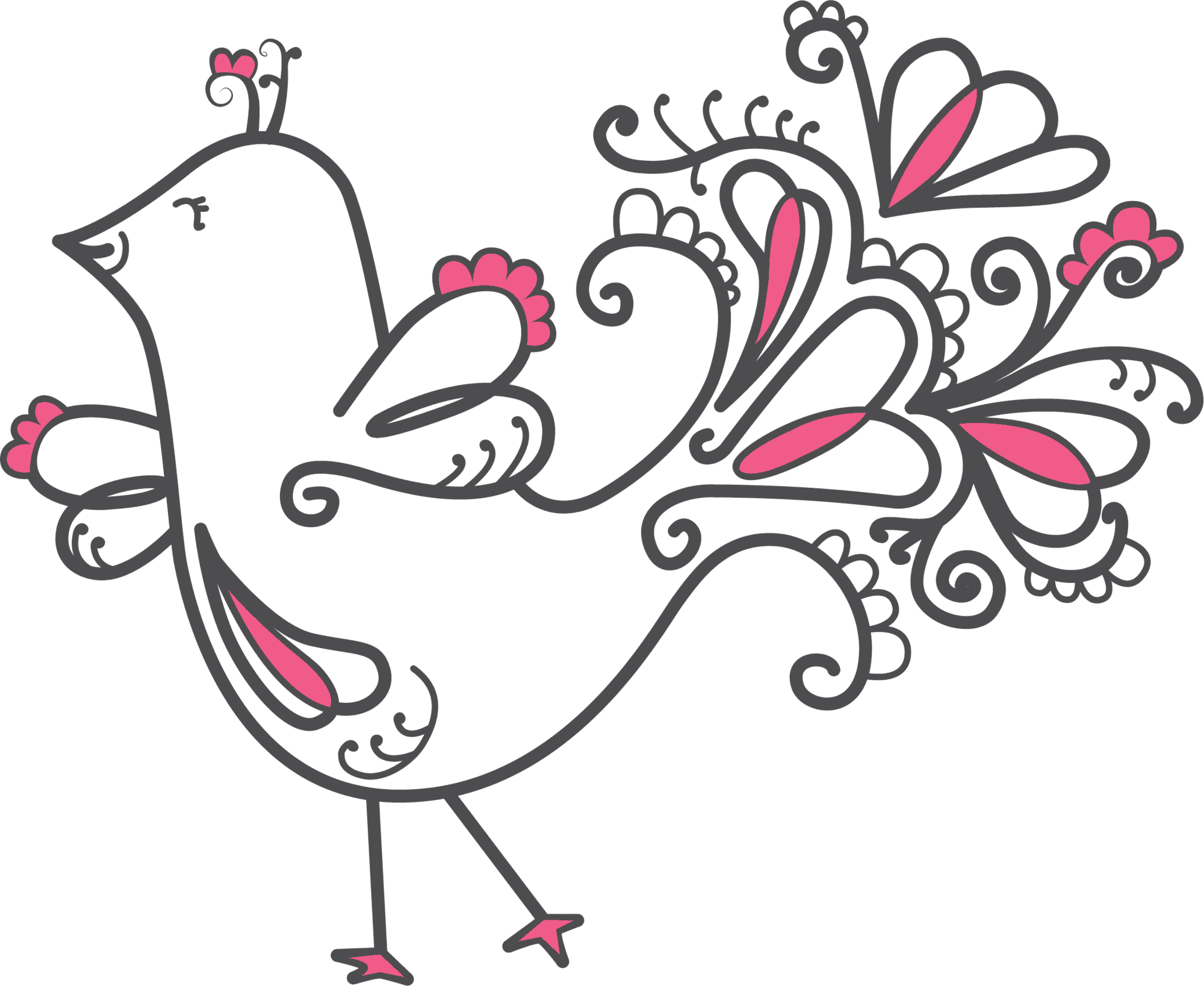 Hand-drawn bird with curling, detailed feathers and pink accents; cheerful pose showcases fine line and texture work.