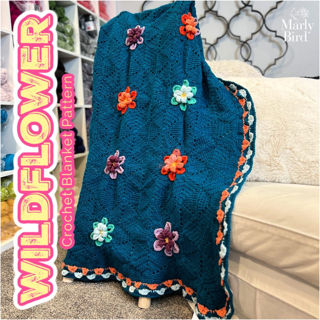 Wildflower Hexagon Motif Crochet Blanket free crochet pattern by Marly Bird featuring colorful dimensional flowers