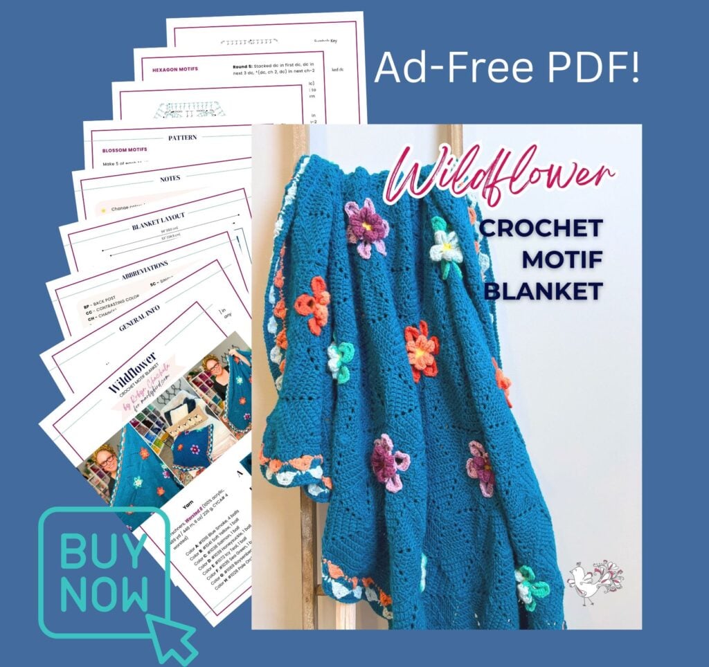Wildflower Hexagon Motif Crochet Blanket ad-free PDF pattern mockup for printable crochet pattern