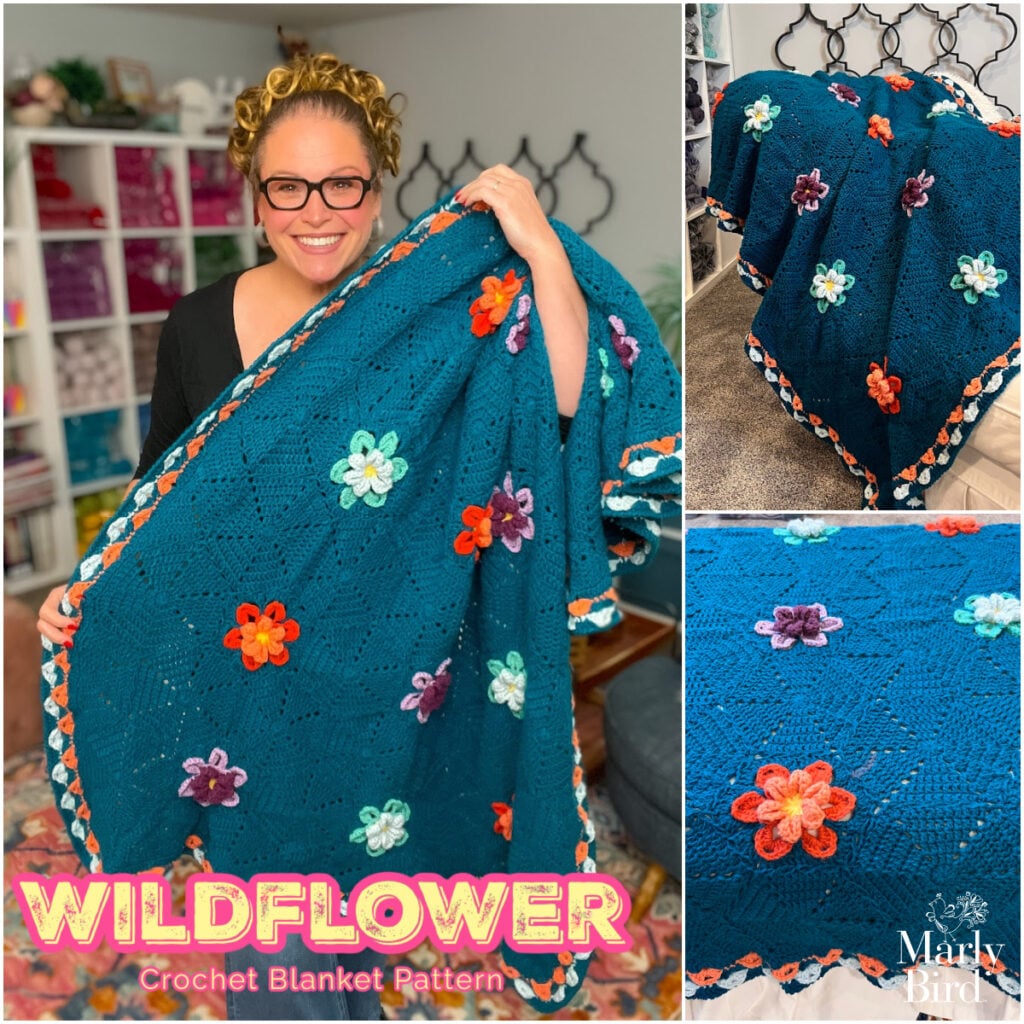 Wildflower Hexagon Motif Crochet Blanket free crochet pattern by Marly Bird featuring colorful dimensional flowers