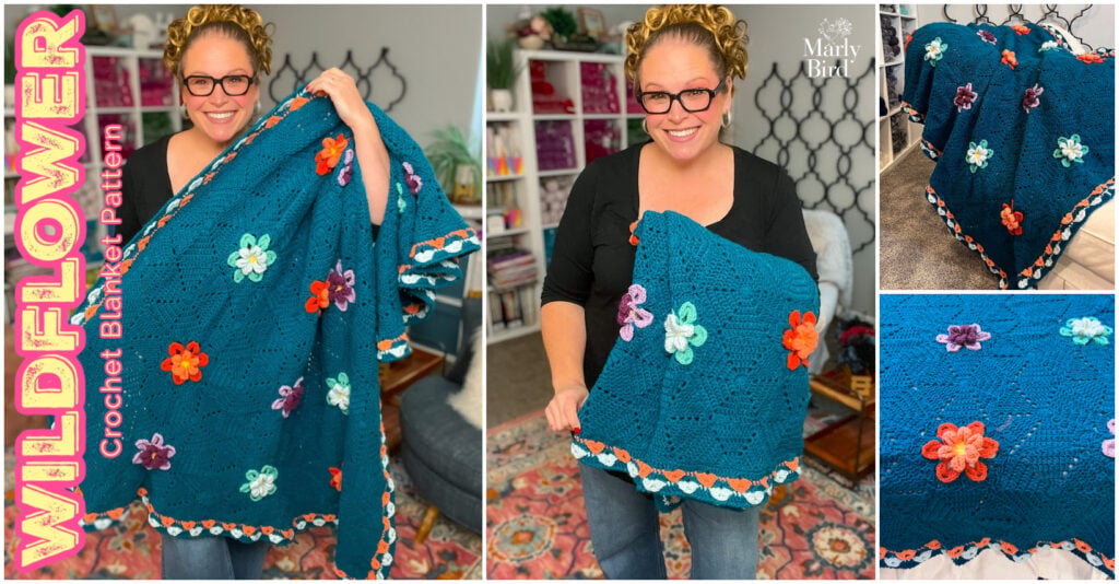 Wildflower Hexagon Motif Crochet Blanket free pattern by Robyn Chachula for Marly Bird — a 52 by 59 inch colorful throw with dimensional blossom appliqués
