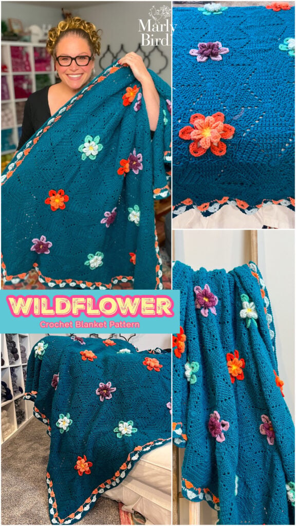 Wildflower Hexagon Motif Crochet Blanket free pattern — colorful hexagon crochet blanket with blossom appliques