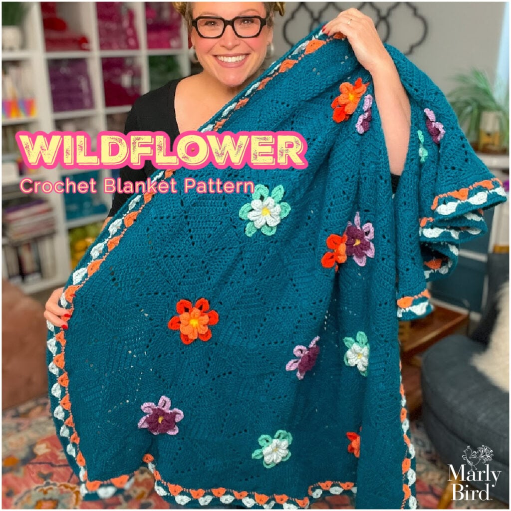 Wildflower Hexagon Motif Crochet Blanket free crochet pattern by Marly Bird featuring colorful dimensional flowers