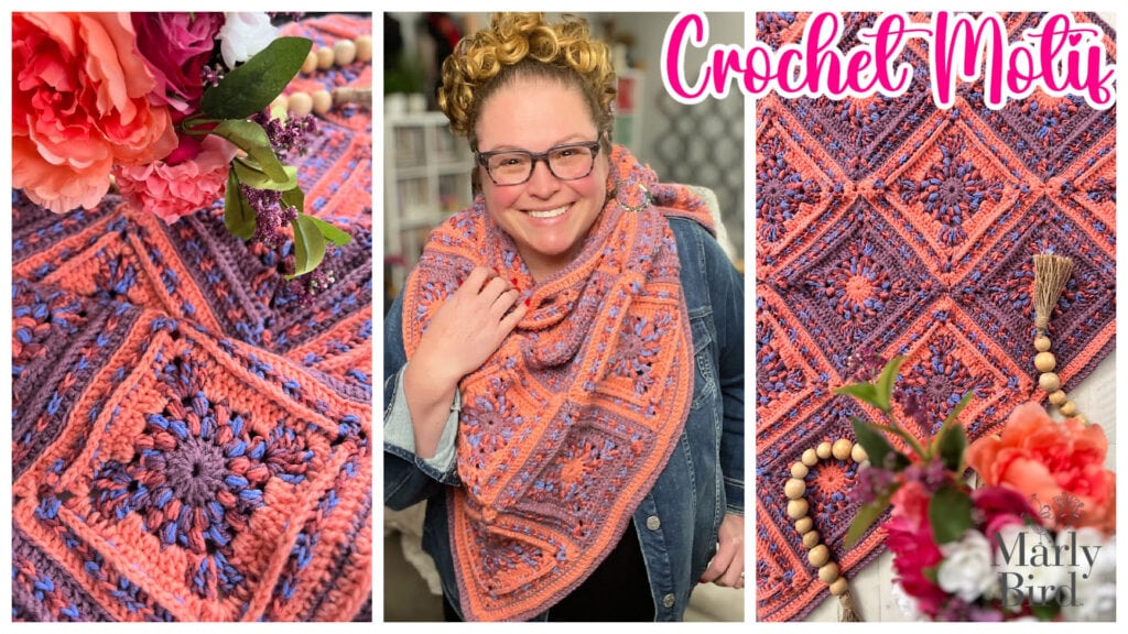 Collage of three images showing a woman wearing a colorful crochet shawl with pink and purple motifs. The images include close-ups of the crochet pattern and decorative flowers in the foreground. Text reads "Crochet Motif. -Marly Bird