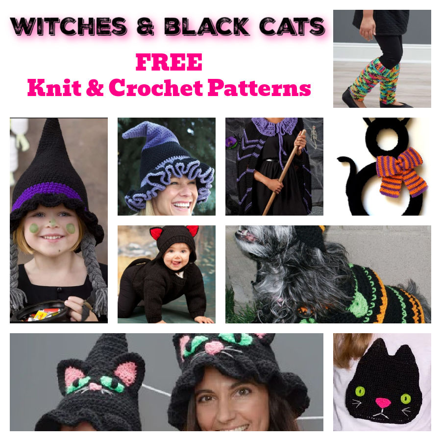Collage of 9 images of witch and black cat knit and crochet patterns. Patterns include hats, capes, legwarmers, dog sweater, cat costume, wall decor, t-shirt motif.