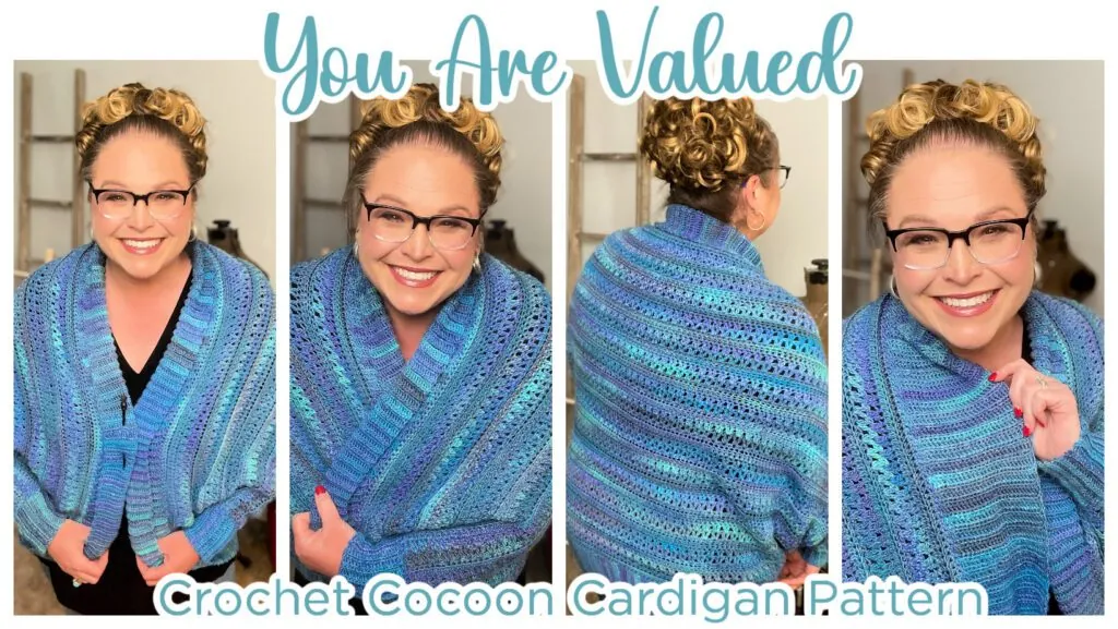 Collage of 4 images. Marly Bird is wearing the You Are Valued Crochet Cocoon Cardigan Pattern PDF.