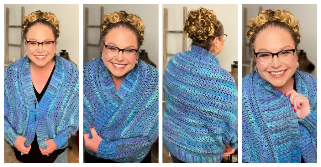 A collage of four images showing a woman with curly hair wearing glasses and a blue oversized crochet cocoon cardigan. the photos display her from different angles and with varying expressions, smiling in a warmly lit room. You Are Valued Cocoon Cardigan Pattern by Marly Bird