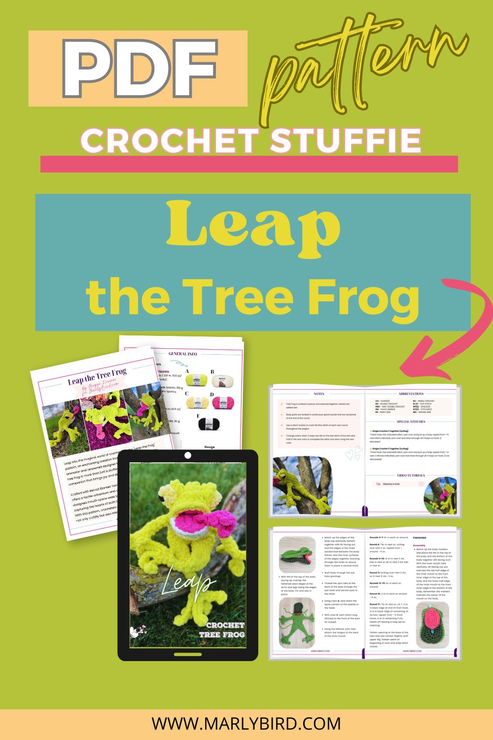 Promotional image for a PDF pattern titled "Leap the Tree Frog." It features crochet instructions for creating a leggy frog. It includes a tablet displaying a picture of the crochet frog, printed pages of the pattern, and the text "Marly Bird" at the bottom. -Marly Bird