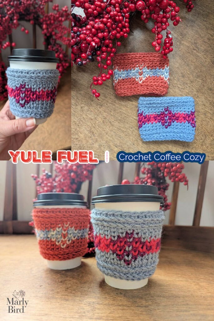 Crochet cup cozies in red, blue, and gray with split SC colorwork; some on cups, others decorated with red berries.