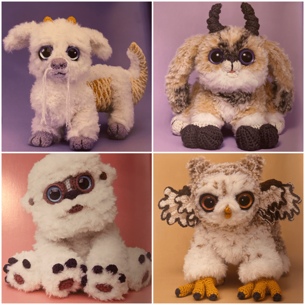 image collage of 4 adorable crochet characters from the Crochet book by Megan Kreiner.