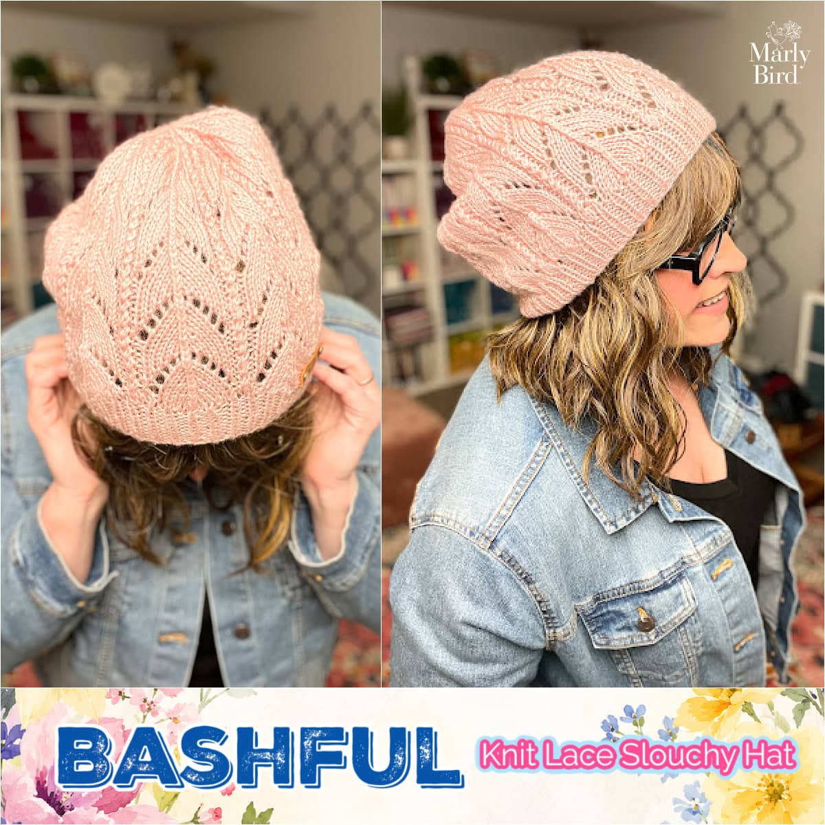 Close-up detail of the lace crown pattern on the Bashful Knit Lace Slouchy Hat showing intricate openwork stitches