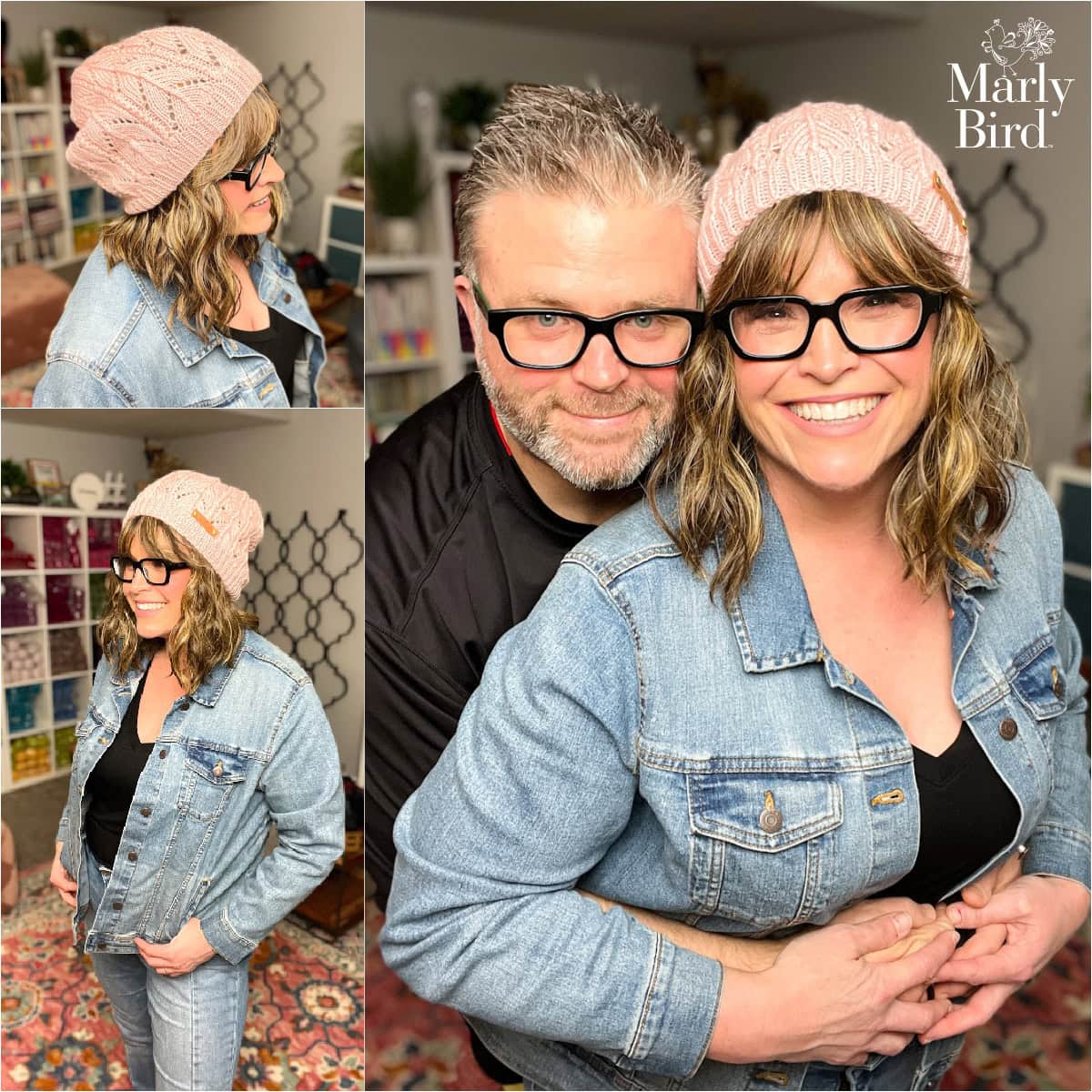 Bashful Knit Lace Slouchy Hat lifestyle collage — Marly Bird wearing blush pink slouchy hat