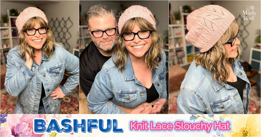 Bashful Knit Lace Slouchy Hat lifestyle collage — three views including side and back