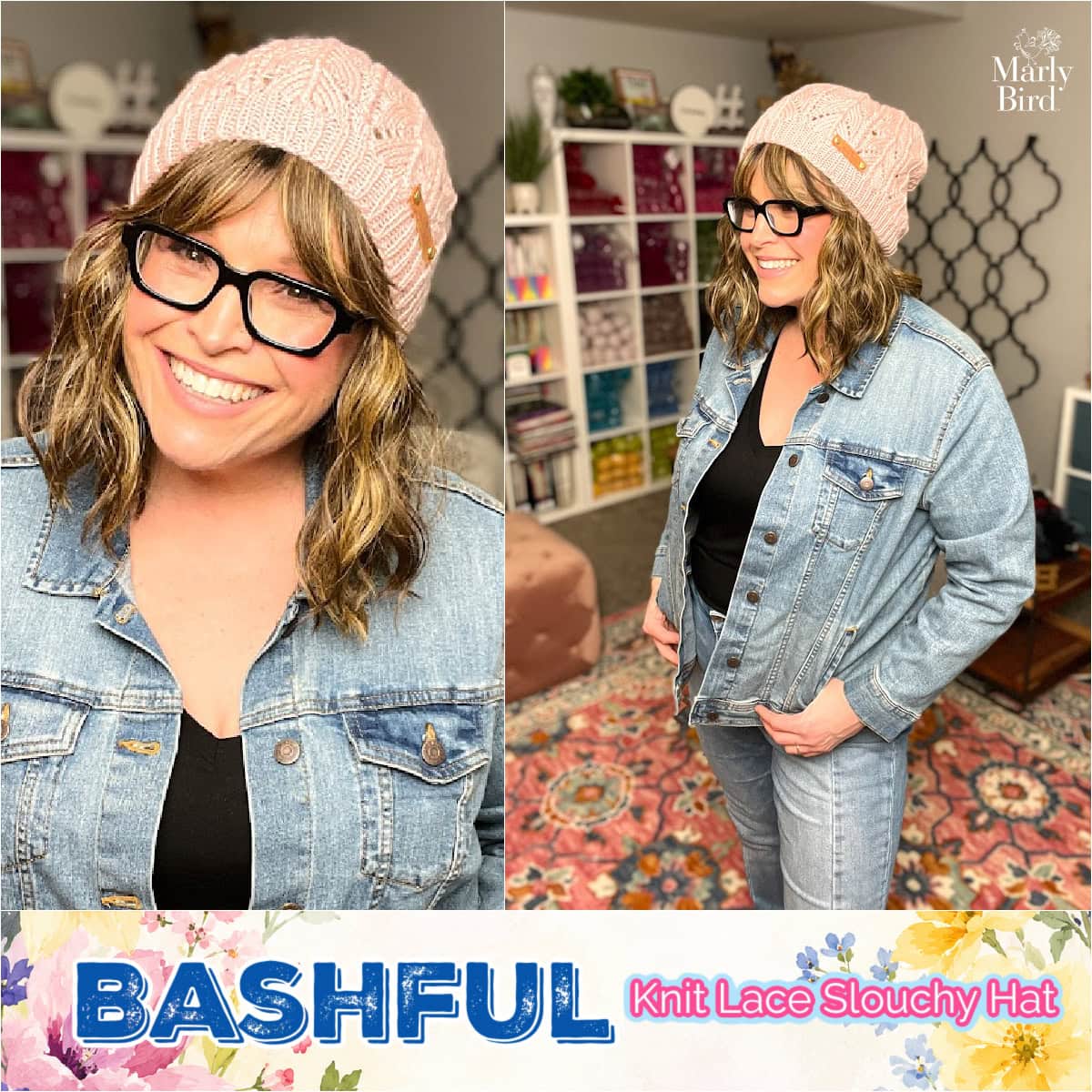 Close-up portrait and full-body modeling of the Bashful Knit Lace Slouchy Hat in blush pink yarn