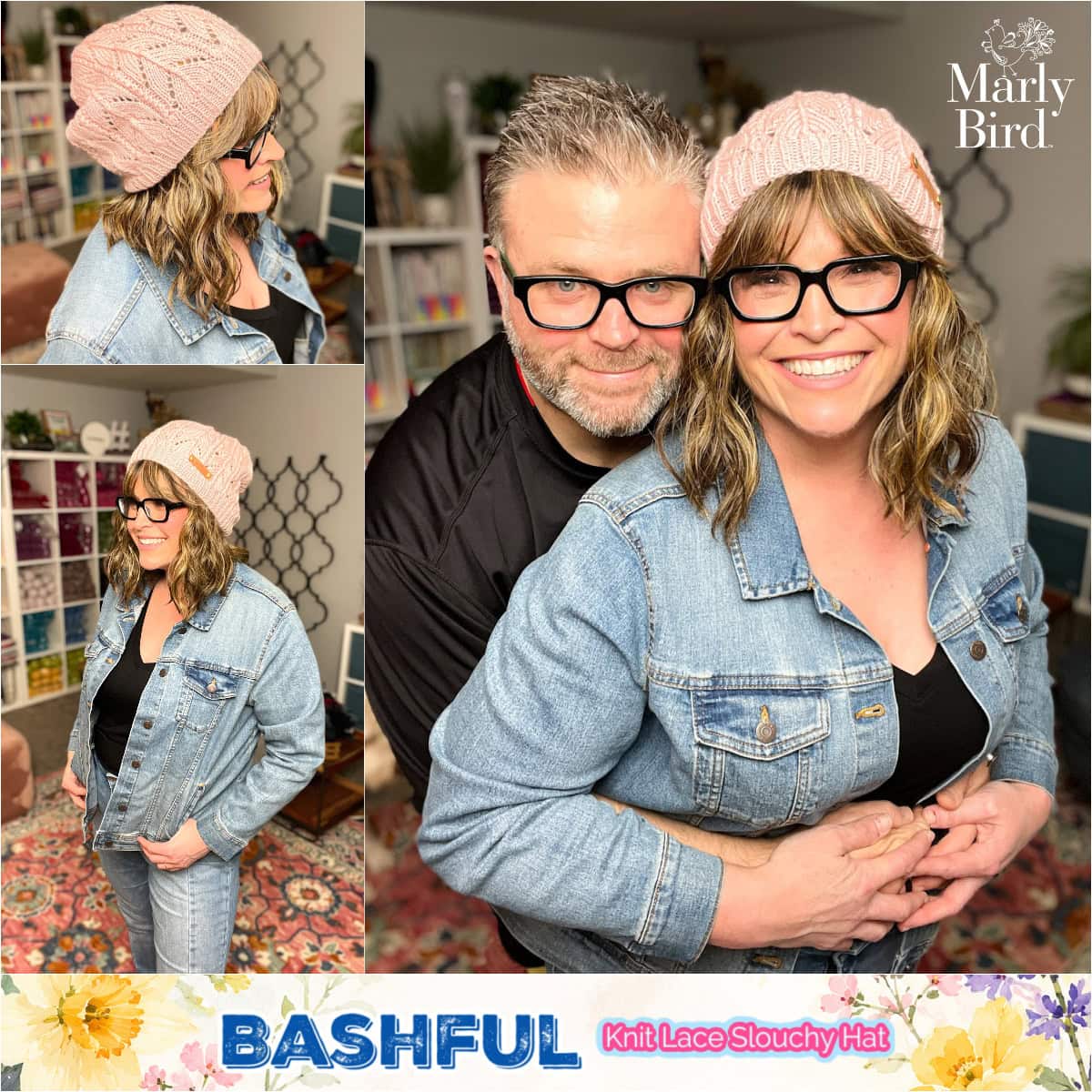 Pattern collage with floral BASHFUL banner showing finished hat from multiple angles