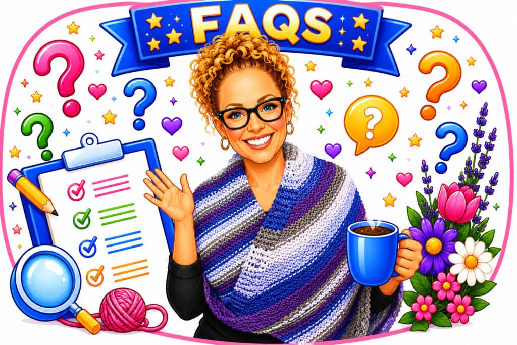 A smiling woman wears a purple striped knit shawl, showing its texture. Yarn and flowers highlight her love of knitting.