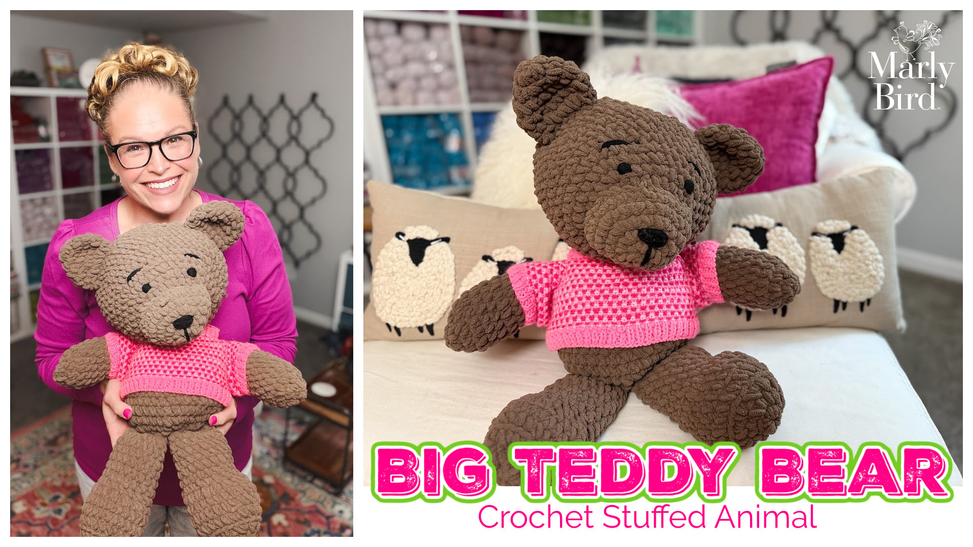 Free crochet big teddy bear stuffed animal pattern - Marly Bird holding finished bear