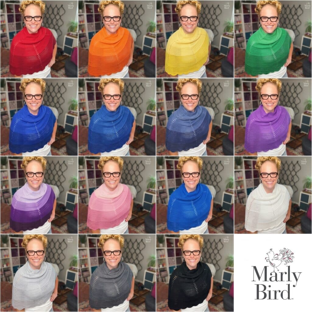 Marly Bird wears lace crochet shawls in 16 colors, arranged in a grid. Each cowl showcases unique stitch and texture. Marly Bird logo bottom right.
Bluebonnet Crochet Lace Shawl shown in an alternate gradient colorway, demonstrating how the pattern looks in different color stories