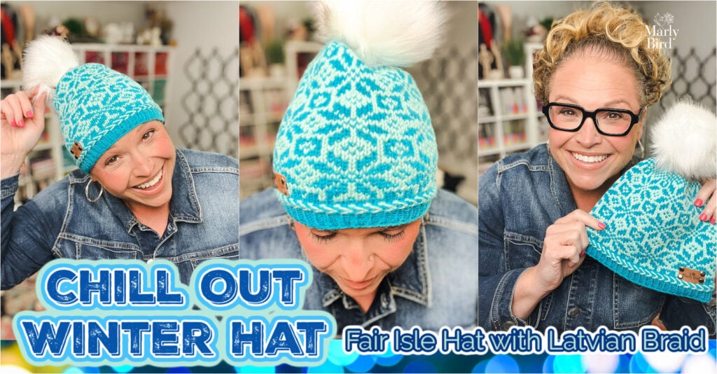 Marly Bird wearing the Chill Out Winter Hat — free Fair Isle knitting pattern with Latvian Braid detail