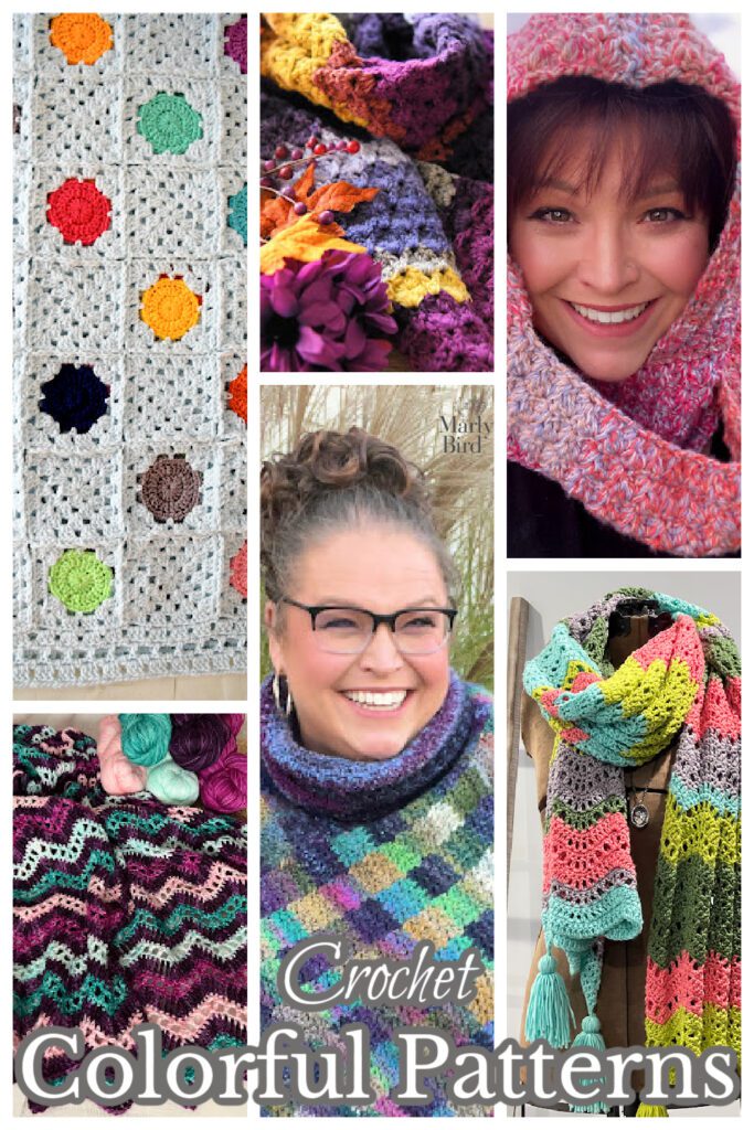 Collage Crochet Colorful Patterns by Marly Bird. 6 different images of crochet patterns including the Confetti Dots Granny Blanket, Celestia Crochet Shawl, Petal Lace Scarf, Check Me Out Poncho, Sledge Hooded Scarf, Calor Crochet Wrap. All the patterns are designed by Marly Bird.