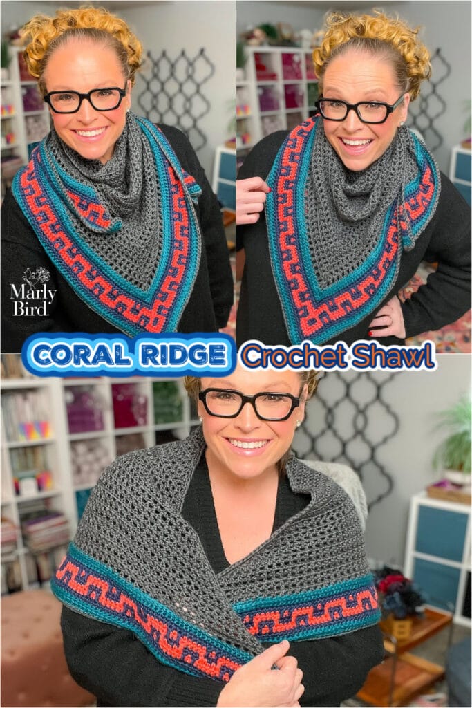 Coral Ridge free crochet triangle shawl Pinterest pin — three poses showing how to wear this handmade crochet shawl with colorblock teal and coral border