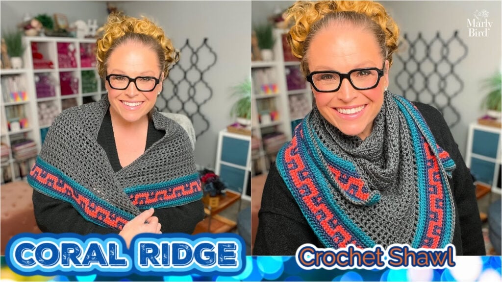 Free crochet triangle shawl pattern with colorwork border — Coral Ridge Crochet Shawl by Marly Bird, modeled close-up to show gray body, blue, and coral Greek-key stitch detail
