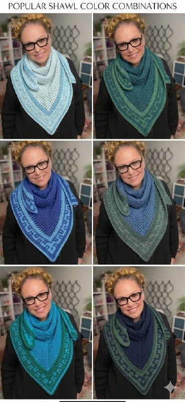 Colorwork crochet shawl in six blue and green colorways — Coral Ridge triangle crochet shawl in icy aqua, teal sage, cobalt black, slate teal, turquoise denim, and navy olive