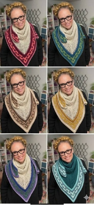 Free crochet triangle shawl pattern in six cream-body colorways — Coral Ridge by Marly Bird in berry, peacock teal, browns, mustard, lavender plum, and emerald teal jewel-tone
