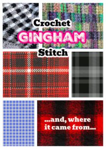 6 images of fabrics, including crochet gingham stitch, gingham, tartan, plaid, and buffalo check. Marly Bird
