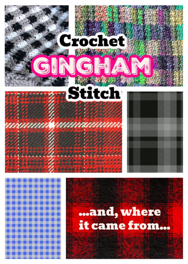 6 images of fabrics, including crochet gingham stitch, gingham, tartan, checks, and buffalo check. Marly Bird