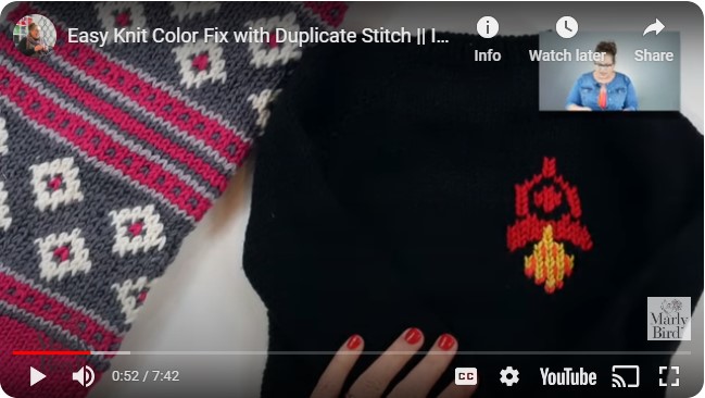 Link to video of how to work knit duplicate stitch. Marly Bird