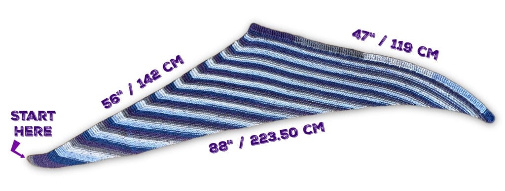 Asymmetrical shawl knit in striped garter stitch with blue, gray, and white hues; labeled measurements and start point shown.