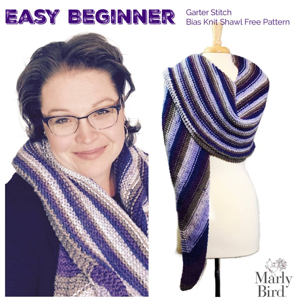 Marly Bird's Easy Beginner Garter Stitch Bias Knit Shawl, a free knitting pattern for beginners showing the diagonal drape in a colorful self-striping yarn