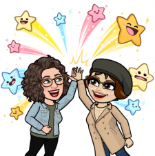 Two animated characters high-fiving, surrounded by colorful, smiling stars with beams of light radiating from the high-five. One character wears a denim jacket, the other a colorful crochet sock and cap. -Marly Bird