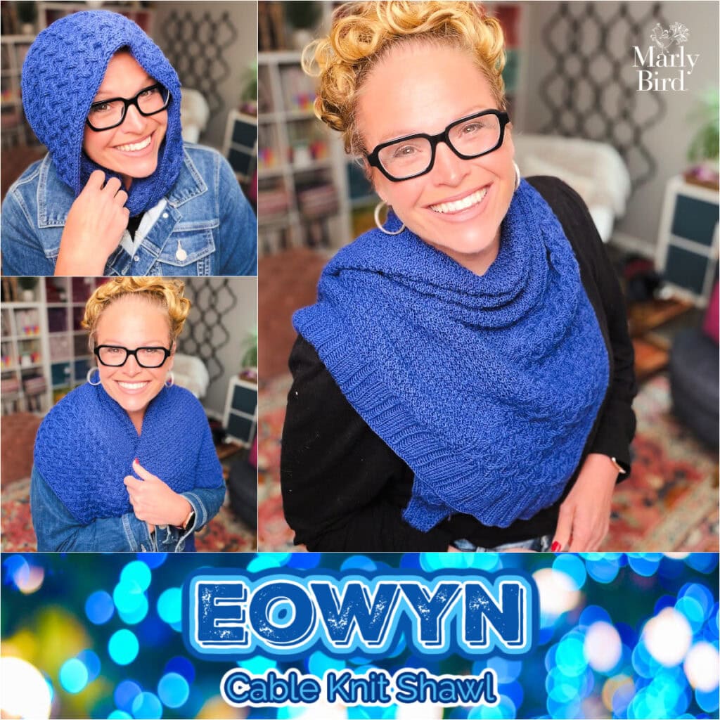 Eowyn cable knit shawl styled three ways: as a hood, draped over the shoulders, and wrapped around the neck, in textured navy blue.