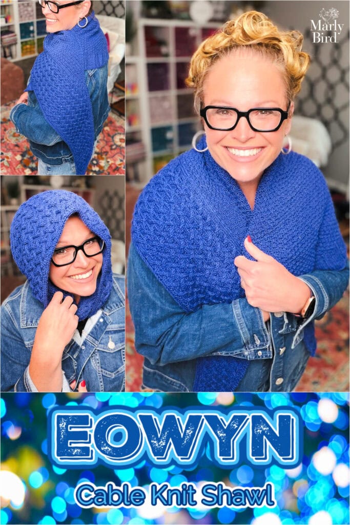 Eowyn cable knit shawl pattern shown in three poses, highlighting the snug cable and double moss stitch texture in navy blue.
