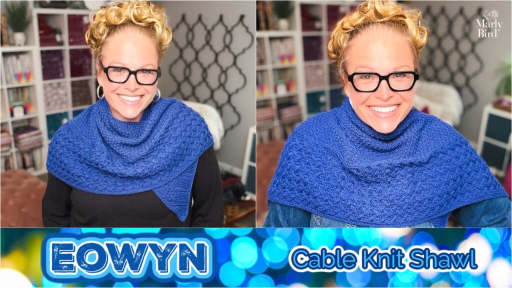 Eowyn textured triangle cable knit shawl pattern by Marly Bird, modeled in front of a wall of colorful yarn.
