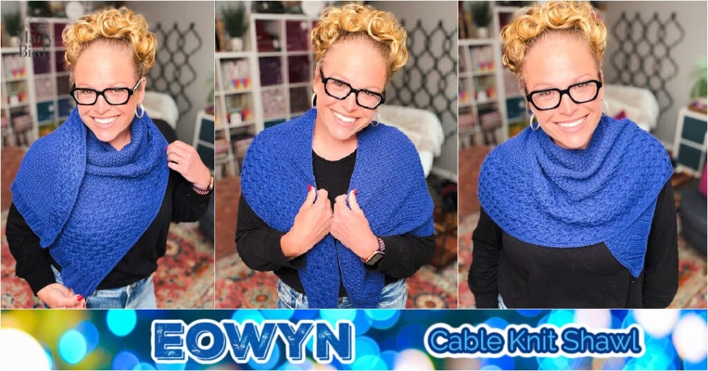 Eowyn free cable knit shawl pattern by Marly Bird, shown styled three ways in textured navy blue sport weight wool bamboo yarn.