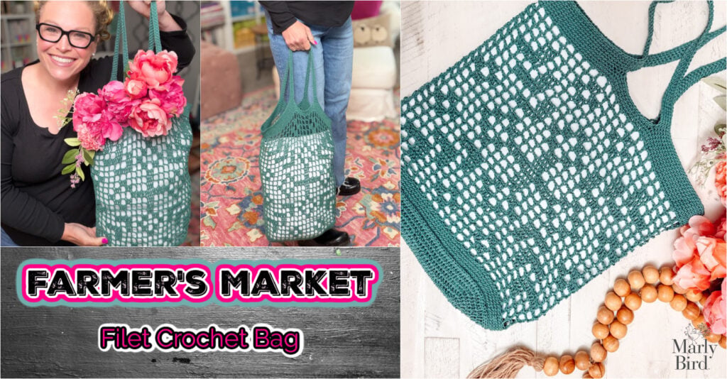 Marly Bird carrying the Farmer's Market Filet Crochet Bag at a summer farmers market - free filet crochet pattern.