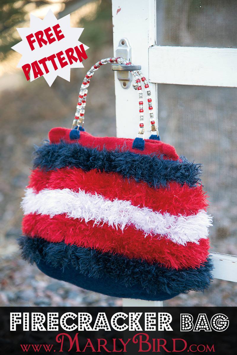 Firecracker felted crochet bag with red, white, and blue fuzzy stripes and rhinestone handles — free pattern by Marly Bird